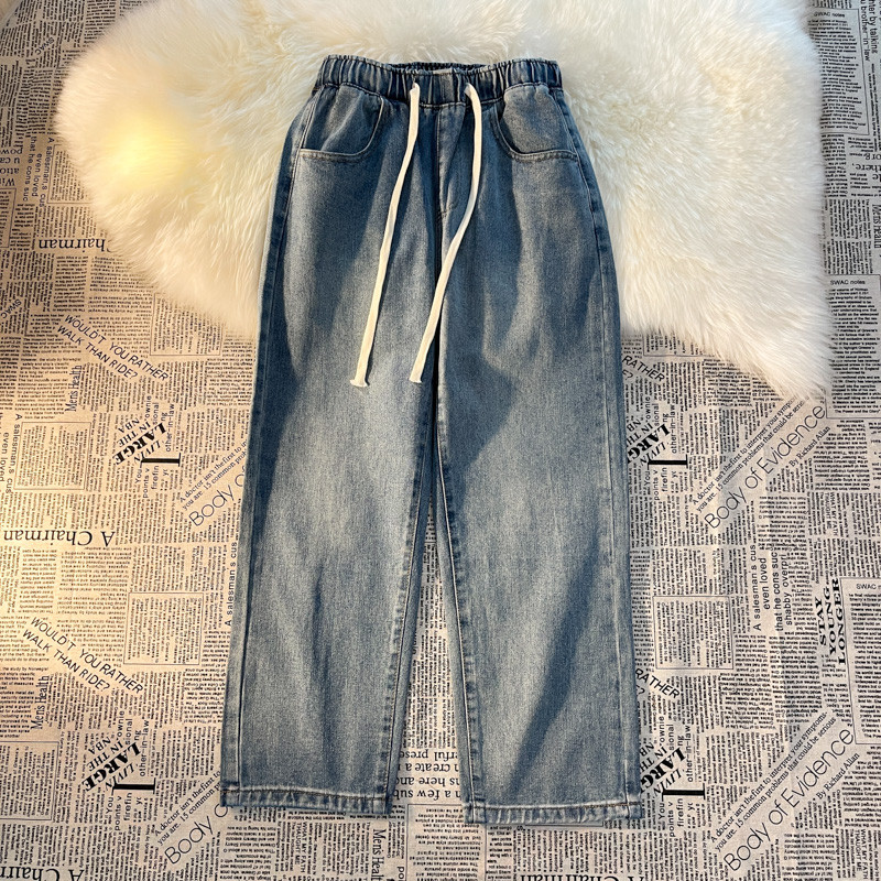 2023 SPRING NEW ELASTIC WAIST JEANS WOMENS LOOSE STRAIGHT LEG WIDE-LEGGED SMALL MAN CROPPED PANTS WOMENS TIDE INS