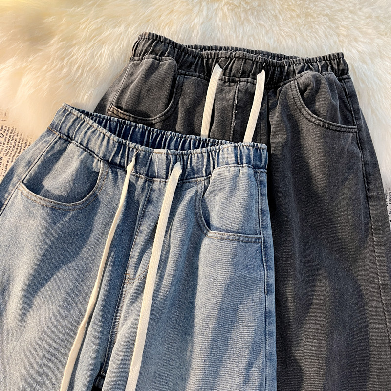 2023 SPRING NEW ELASTIC WAIST JEANS WOMENS LOOSE STRAIGHT LEG WIDE-LEGGED SMALL MAN CROPPED PANTS WOMENS TIDE INS