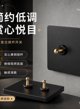 复古工业风格黄铜拨杆开关面板黑色老式简约个性酒店民宿金属插座