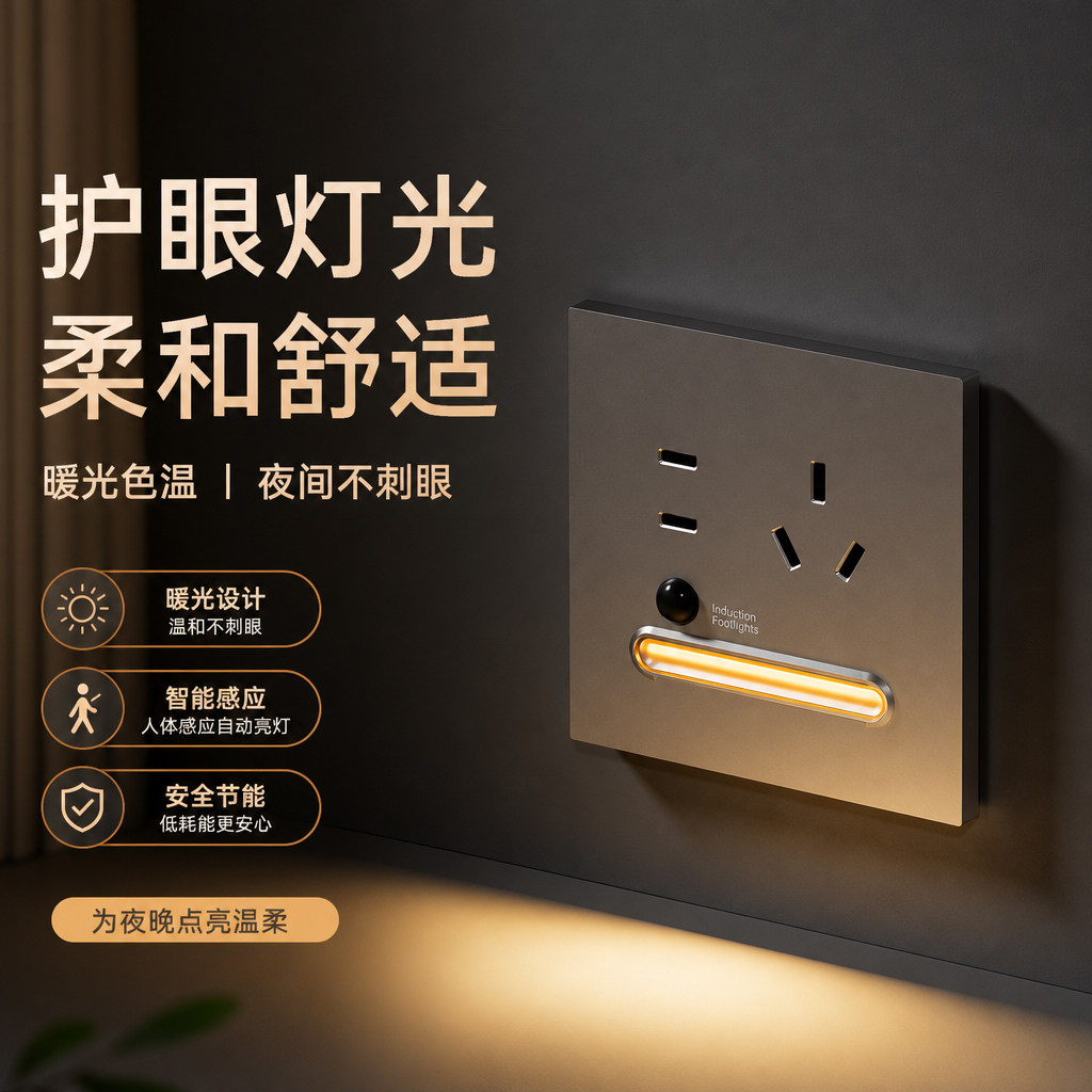 led小夜灯五孔插座带人体感应地脚灯86型嵌入式暗装楼梯过道床头