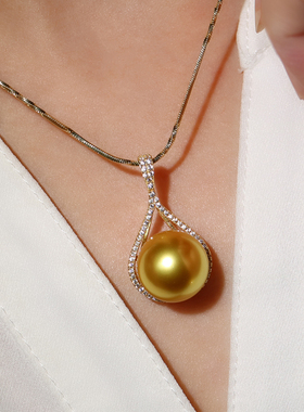 挚彩珠宝海水南阳浓金色珍珠单颗吊坠正圆强光贝珠项链14mm颈链女