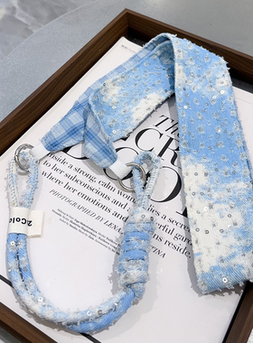 韩版小众设计师可调节浅色牛仔亮片布料斜挎链多功能百搭饰品挂绳