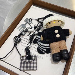 黑白毛衣帽子手套可爱立体KT公仔包包挂件手工编织百搭饰品钥匙扣
