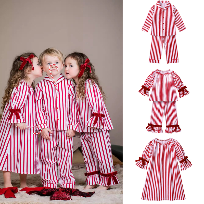 儿童睡衣套装小孩春秋款中大童家居服长袖长裤女童蝴蝶结条纹睡裙