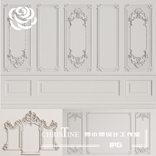北欧白色轻奢背景墙欧式浮雕花纹线条边框高清jpg平面设计素材