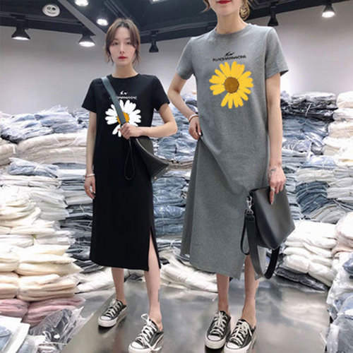 Summer mid long cute age reducing loose sunflower short sleeve women's T-shirt skirt cartoon Printed Dress