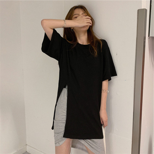 Net popular student ins super fire design sense solid color split short sleeve T-shirt women's summer and Korean fashion loose top