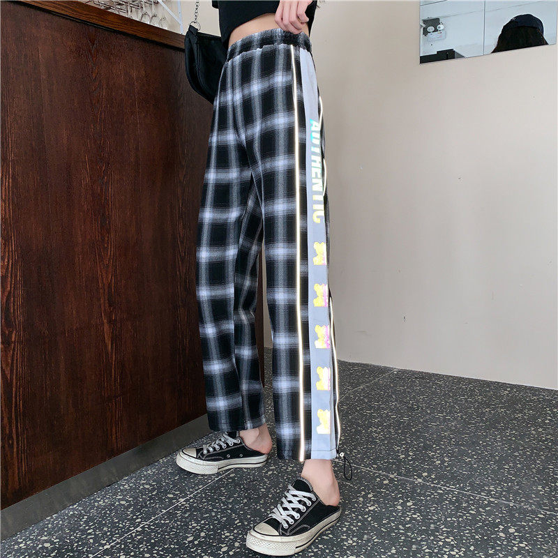 41 ා shooting autumn Black Plaid laser reflective straight pants female fashion students hip hop drawstring sports pants loose