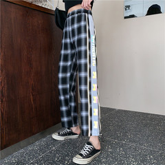 41 ා shooting autumn Black Plaid laser reflective straight pants female fashion students hip hop drawstring sports pants loose