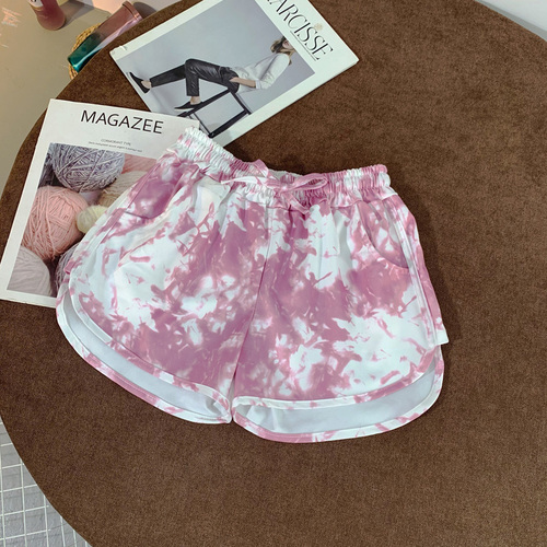 Real shot summer tie dye printing show thin wide leg leisure High Waist Shorts running sports hot pants beach pants women