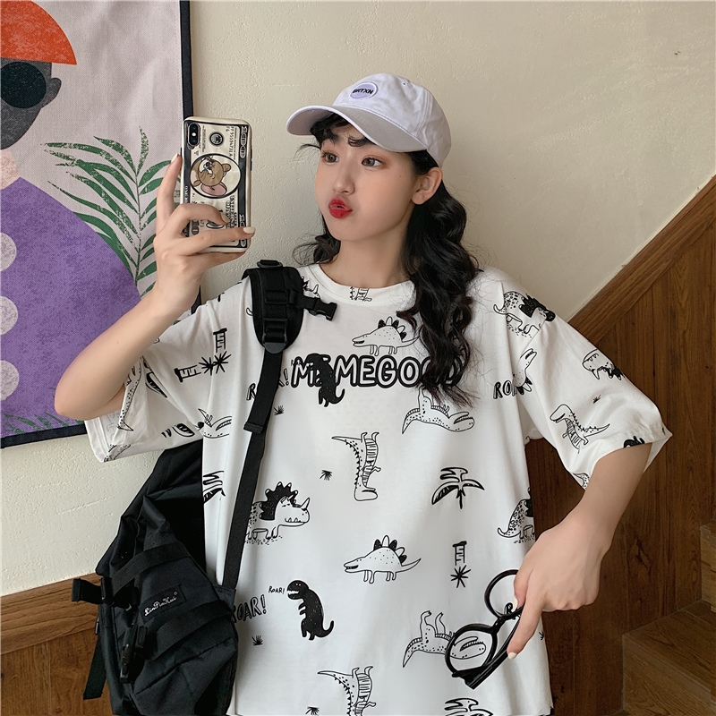 Real shooting summer new Korean loose large medium and long dinosaur graffiti printed T-shirt for women
