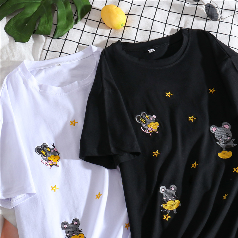 Real shot of summer new heavy industry embroidery mouse loose Size Cotton Short Sleeve fashionable T-shirt