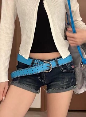 y2k复古朋克风宽腰带女亚文化百搭纯色铆钉皮带小众设计配裙子潮