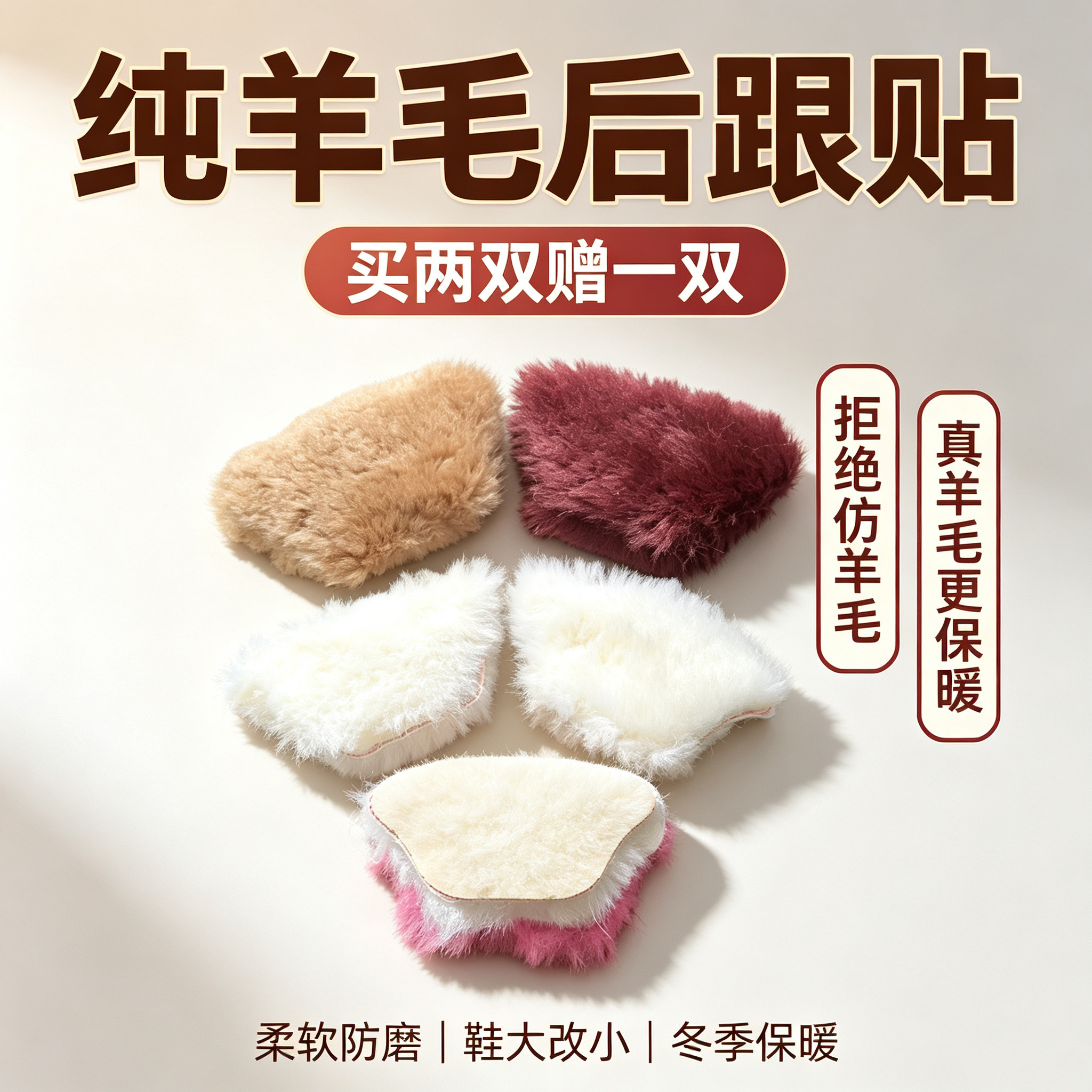 真羊毛后跟帖鞋码大改小神器防磨脚掉根皮毛一体毛毛双面胶半码垫