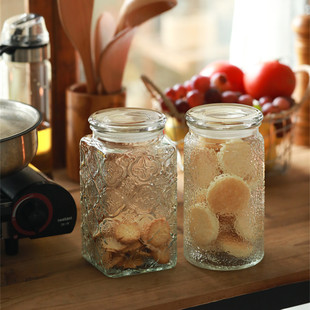 1000大容量复古雕花玻璃密封罐厨房五谷杂粮糖果干果陈列果酱瓶