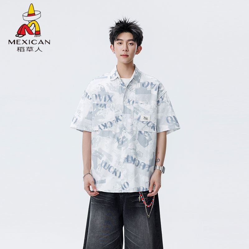 稻草人纯棉短袖衬衫男夏季新款设计感印花青少年半袖上衣休闲衬衣