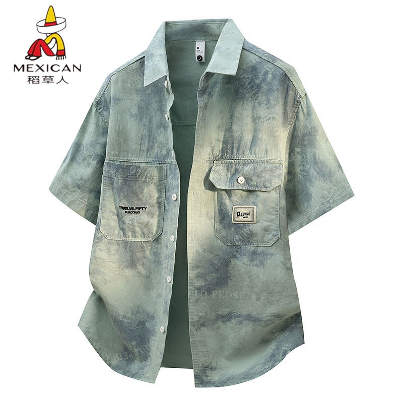 稻草人扎染短袖衬衫男休闲翻领纯棉薄款透气衬衣新款青少年上衣潮