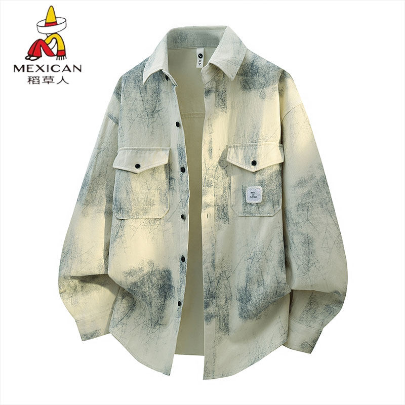 稻草人纯棉扎染印花长袖衬衫男休闲工装宽松衬衣青少年外套上衣服