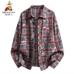 稻草人潮牌春秋季复古印花格子长袖衬衫男士宽松休闲百搭衬衣外套