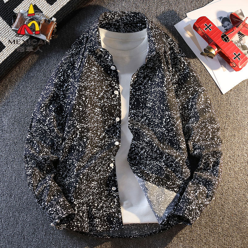 稻草人纯棉碎花长袖衬衫男士内搭衬衣服春秋季高级感宽松百搭外套