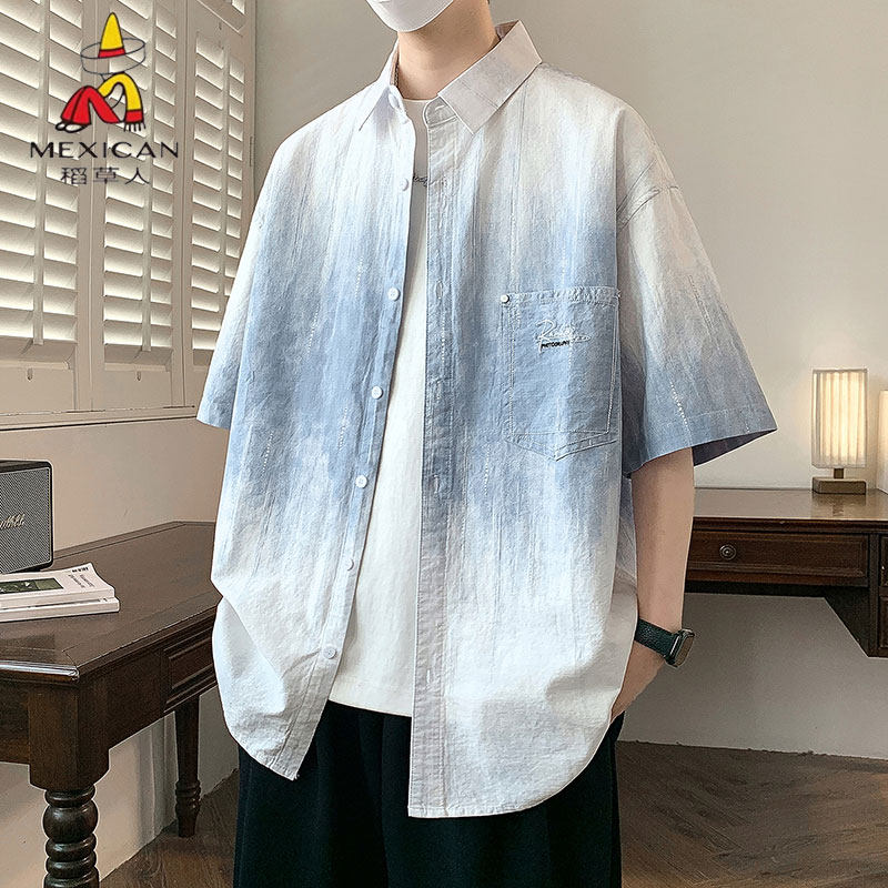 稻草人美式休闲风短袖衬衫男夏季纯棉渐变扎染宽松翻领衬衣青少年