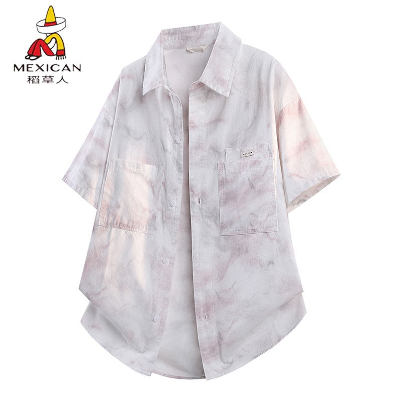 稻草人青少年男士扎染短袖衬衫宽松休闲时尚透气纯棉衬衣夏季新款