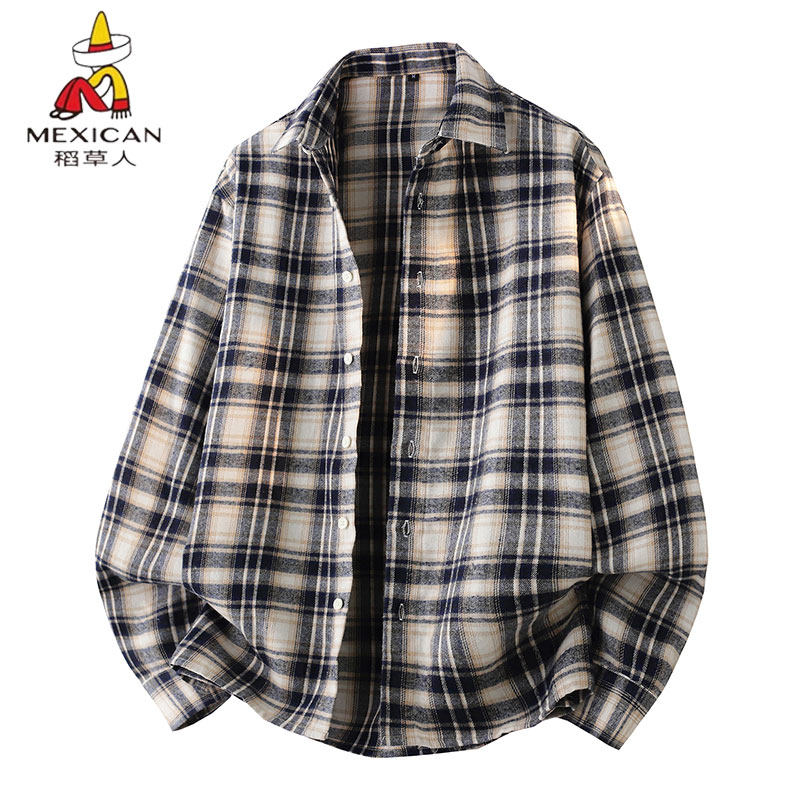 稻草人纯棉衬衫男2026新款春秋季外套高级感美式格子衬衣服休闲服