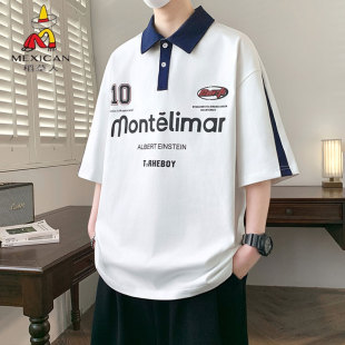 稻草人26新款青少年短袖POLO衫男宽松翻领字母印花潮百搭休闲T恤