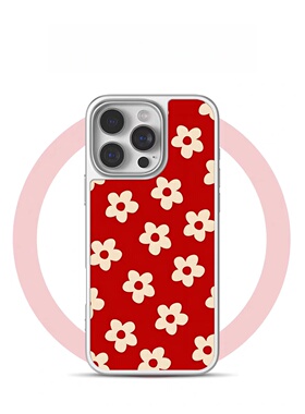 ins风红色花花亚克力银黑边磁吸适用苹果iPhone16promax手机壳1312pro小米1415Pro华为mate60p70三星S23防摔