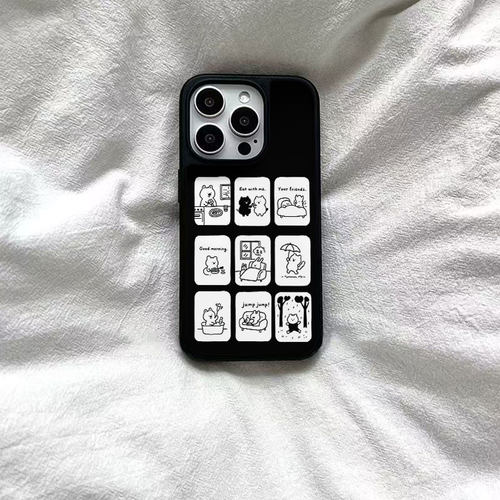 ins风小猫黑白漫画黑边软壳磁吸适用苹果iPhone17promax手机壳1615pro小米1415Pro华为mate60p70三星S23防摔