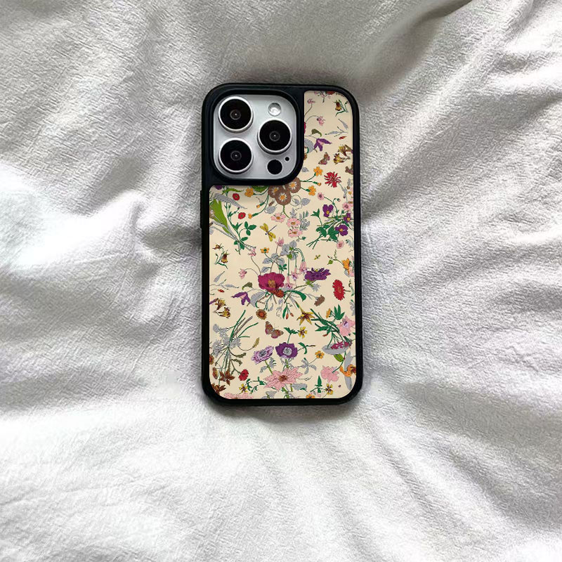 ins风满屏花朵亚克力黑边磁吸适用苹果iPhone16promax手机壳1312pro小米1415Pro华为mate60p70三星S23防摔