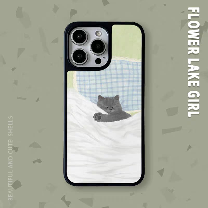 晚安清新绿睡觉猫咪亚克力黑边磁吸适用苹果iPhone16promax手机壳1315pro小米14Pro华为mate60p70三星S23防摔