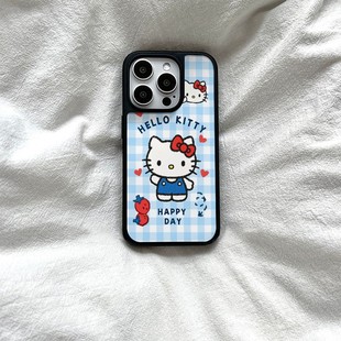 ins格子英文kt猫亚克力黑边磁吸适用苹果iPhone16promax手机壳1312pro小米1415Pro华为mate60p70三星S23防摔