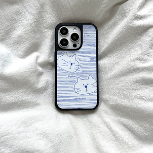 ins卡通线条小猫亚克力黑边磁吸适用苹果iPhone16promax手机壳1312pro小米1415Pro华为mate60p70三星S23防摔
