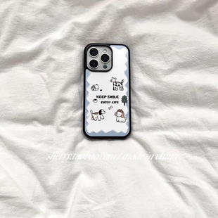 白蓝波点小树狗狗亚克力黑边磁吸适用苹果iPhone16promax手机壳1312pro小米1415Pro华为mate60p70三星S23防摔