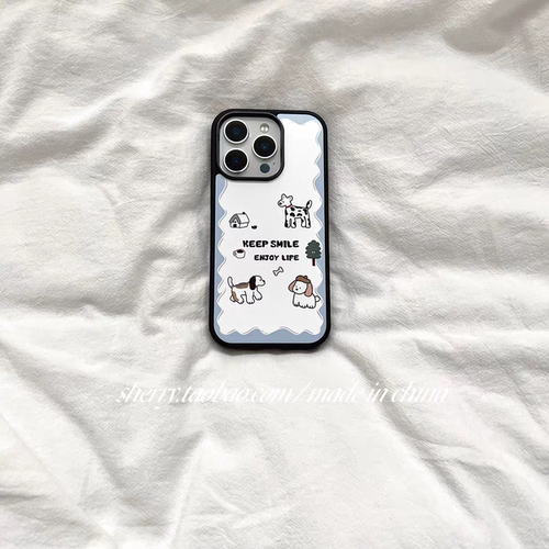 白蓝波点小树狗狗亚克力黑边磁吸适用苹果iPhone16promax手机壳1312pro小米1415Pro华为mate60p70三星S23防摔