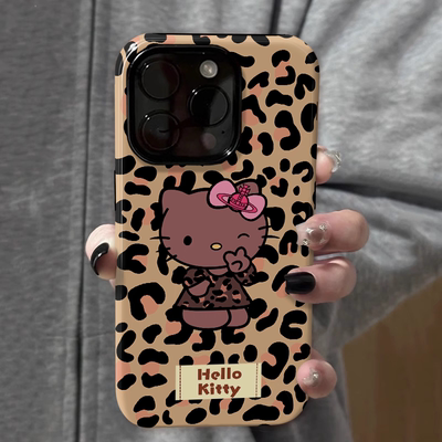 豹纹黑皮kitty 适用苹果16promax新款iPhone15手机壳女生1314高级感小众不撞款12防摔二合一菲林11保护套plus