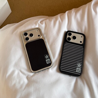 ins可爱条纹小花黑边电镀银磁吸适用苹果iPhone17promax手机壳1615pro小米1415Pro华为mate60p70三星S23防摔