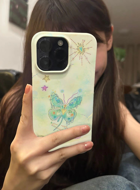 治愈系艺术手绘绿幻蝶梦适用于苹果IPhon15pro/14promax/15/14/13/11/xr菲林不会撞壳的手机壳小众高级感新款