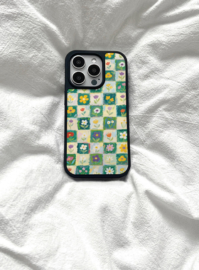 ins复古格子碎花亚克力黑边磁吸适用苹果iPhone16promax手机壳1312pro小米1415Pro华为mate60p70三星S23防摔