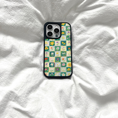 ins复古格子碎花亚克力黑边磁吸适用苹果iPhone16promax手机壳1312pro小米1415Pro华为mate60p70三星S23防摔