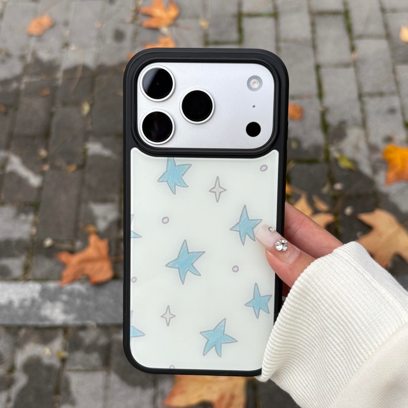 ins风个性复古星星黑边玻璃适用于苹果小米iPhone17promax手机壳1613pro小米1415Pro华为mate60p7080防摔软壳