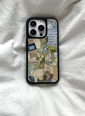 原创创意个性ins风复古手信亚克力黑边亮面磨砂适用苹果16promax手机壳iPhone15lus14Pro13保护套12防摔ins