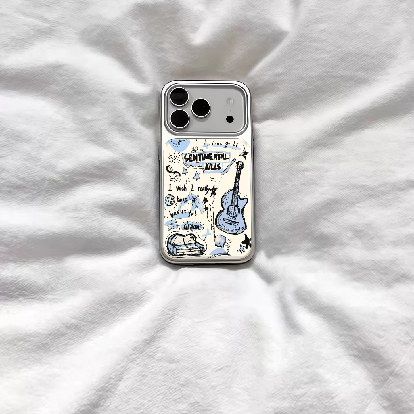 ins可爱涂鸦吉他插画电镀银磁吸适用苹果iPhone17prom