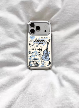ins可爱涂鸦吉他插画电镀银磁吸适用苹果iPhone17promax手机壳1615pro小米1415Pro华为mate60p70三星S23防摔