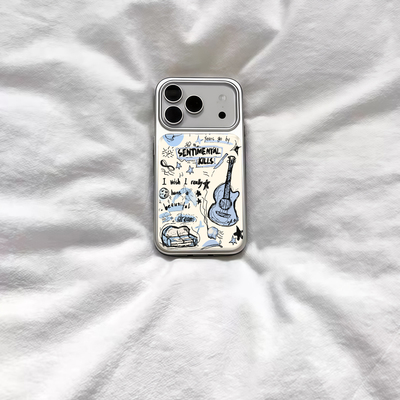 ins可爱涂鸦吉他插画电镀银磁吸适用苹果iPhone17promax手机壳1615pro小米1415Pro华为mate60p70三星S23防摔