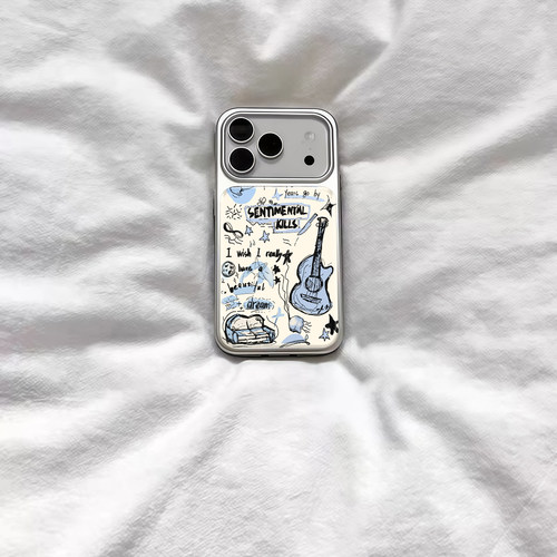 ins可爱涂鸦吉他插画电镀银磁吸适用苹果iPhone17promax手机壳1615pro小米1415Pro华为mate60p70三星S23防摔