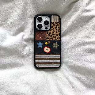ins风拼接复古插画黑边软壳磁吸适用苹果iPhone17promax手机壳1615pro小米1415Pro华为mate60p70三星S23防摔