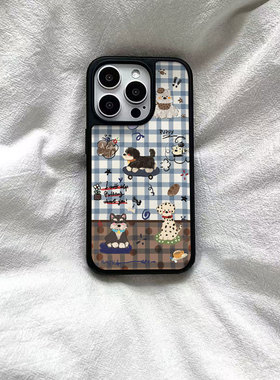 ins风可爱格纹小狗黑边软壳磁吸适用苹果iPhone17promax手机壳1615pro小米1415Pro华为mate60p70三星S23防摔