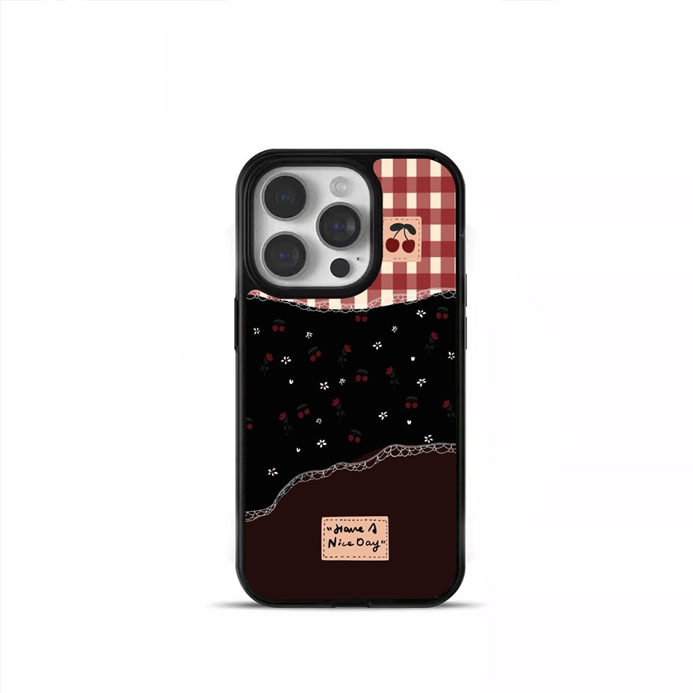 ins拼接格子樱桃亚克力黑边磁吸适用苹果iPhone16promax手机壳1312pro小米1415Pro华为mate60p70三星S23防摔